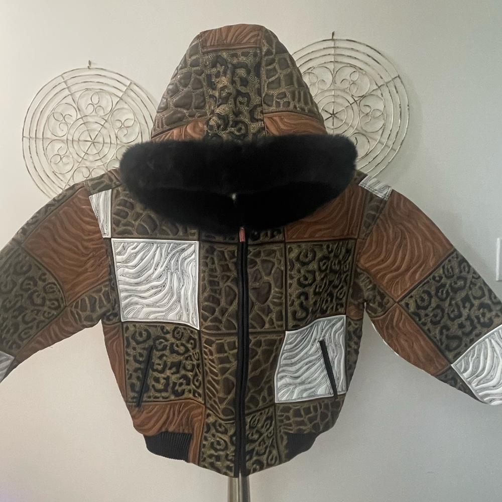 AL WISSAM,Unisex Animal Print Patchwork, Leather Bomber Jacket Fur Trimmed Hood
